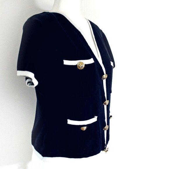 PORTS Navy Blue Cardigan Short Sleeve 100% Cotton Sweater Gold Button Size M - Picture 2 of 7